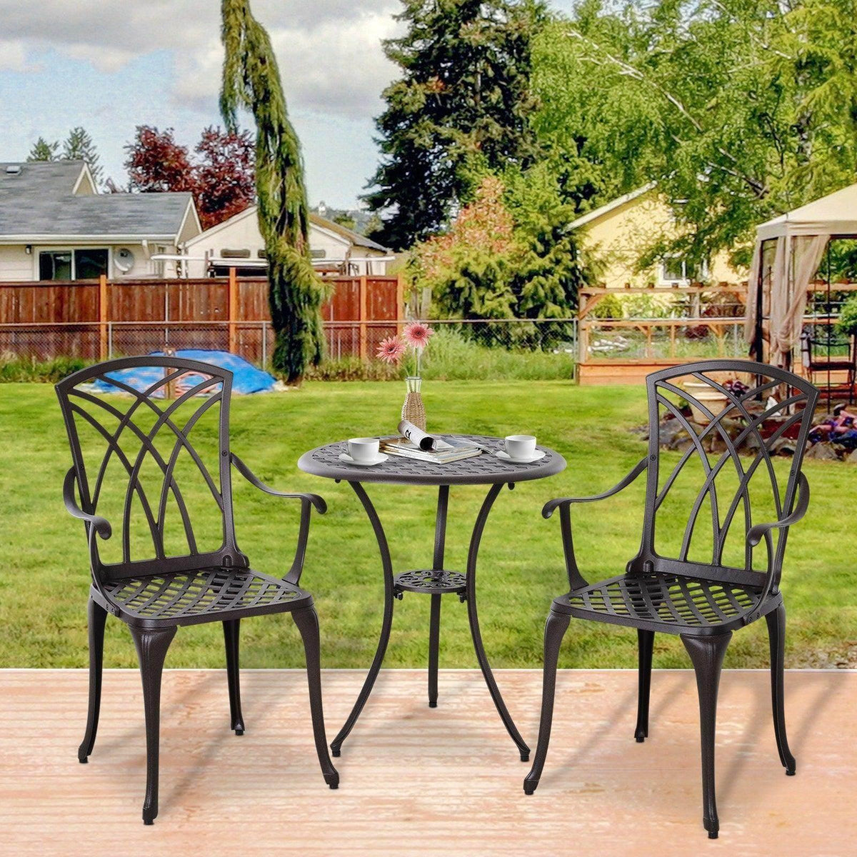 Aluminum patio bistro set with round coffee table and two black chairs