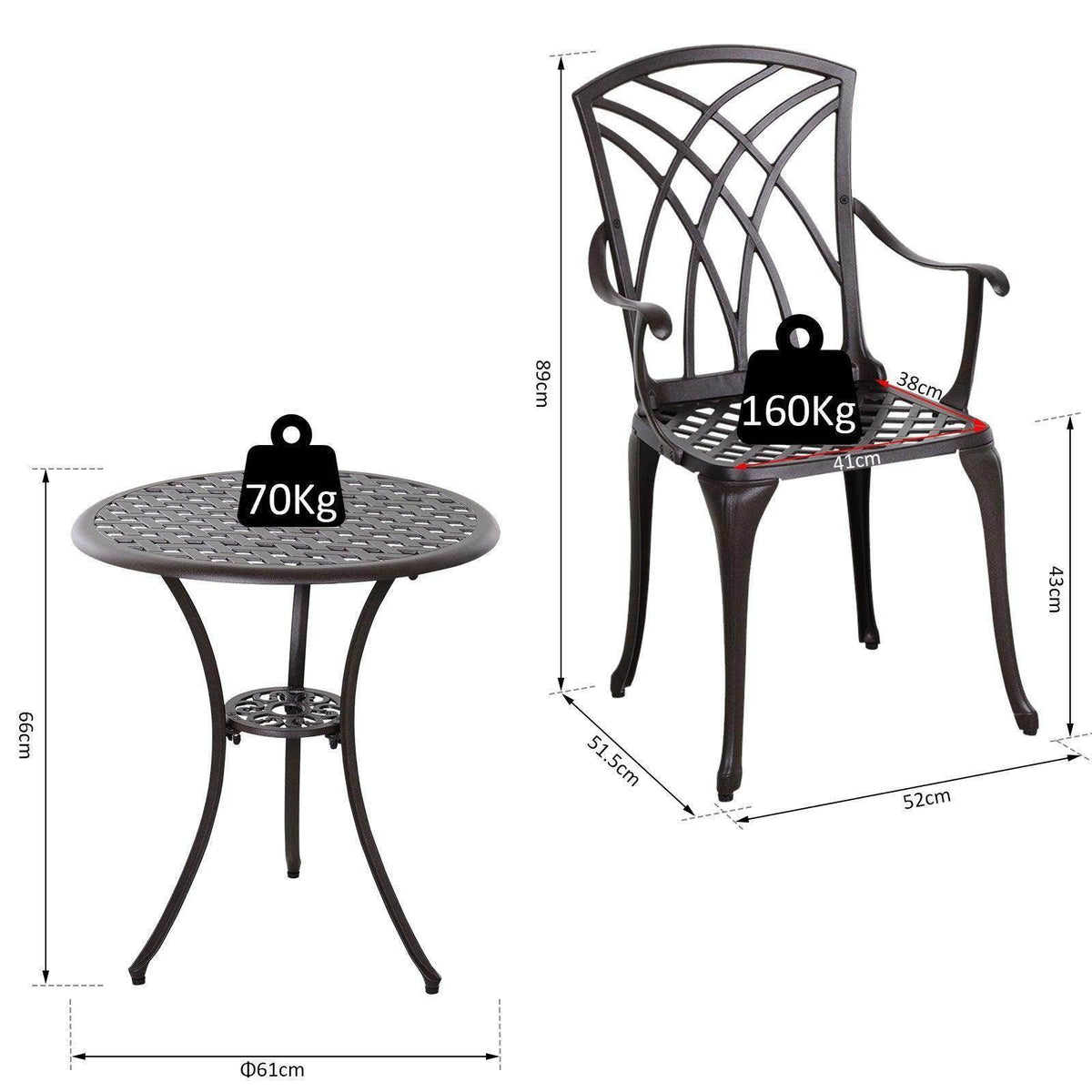Black round bistro table with two lattice-back chairs, cast aluminum patio set