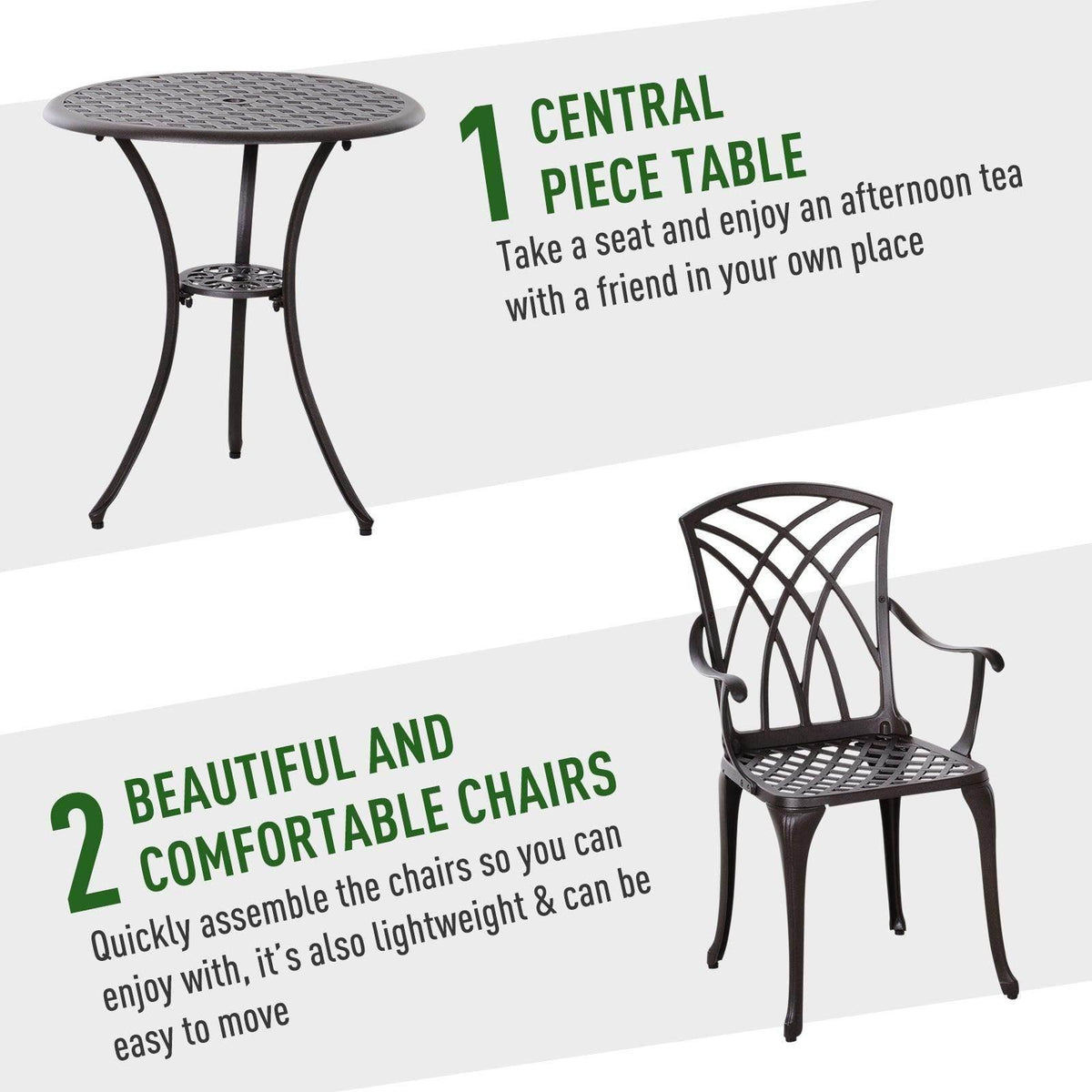 Round bistro table and two black cast-aluminum patio chairs with lattice backs