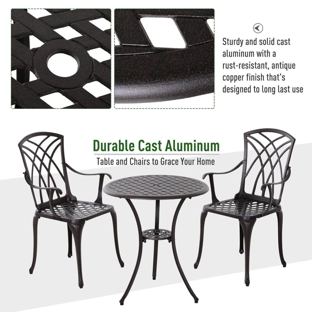 Three-piece patio bistro set in dark cast aluminum: round table and 2 chairs