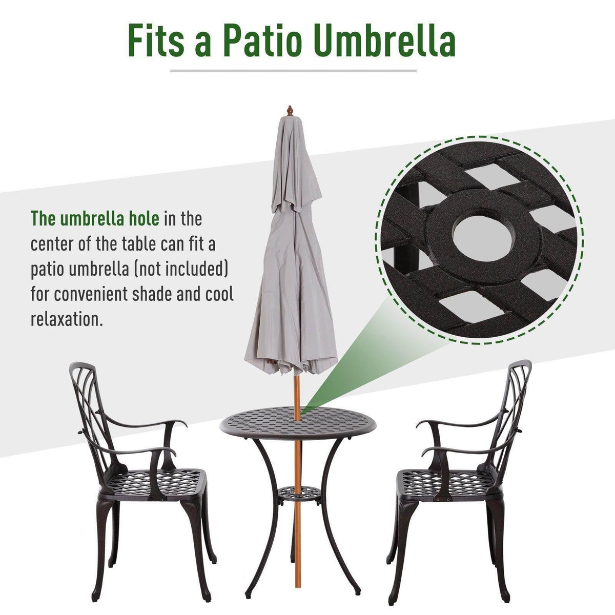 Black patio bistro set with umbrella-ready table hole and two lattice-back chairs
