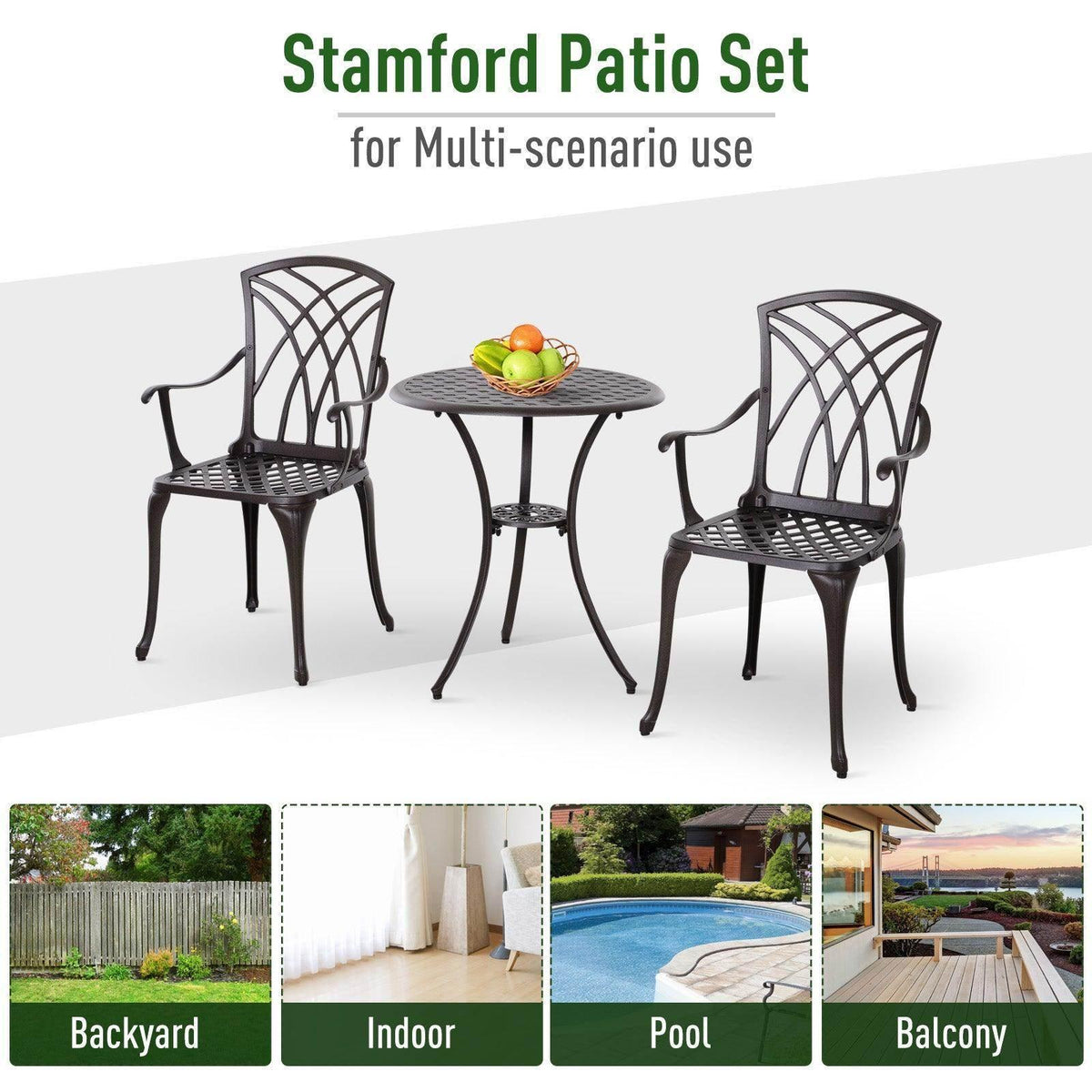 Black patio bistro set: round coffee table and two lattice-back chairs