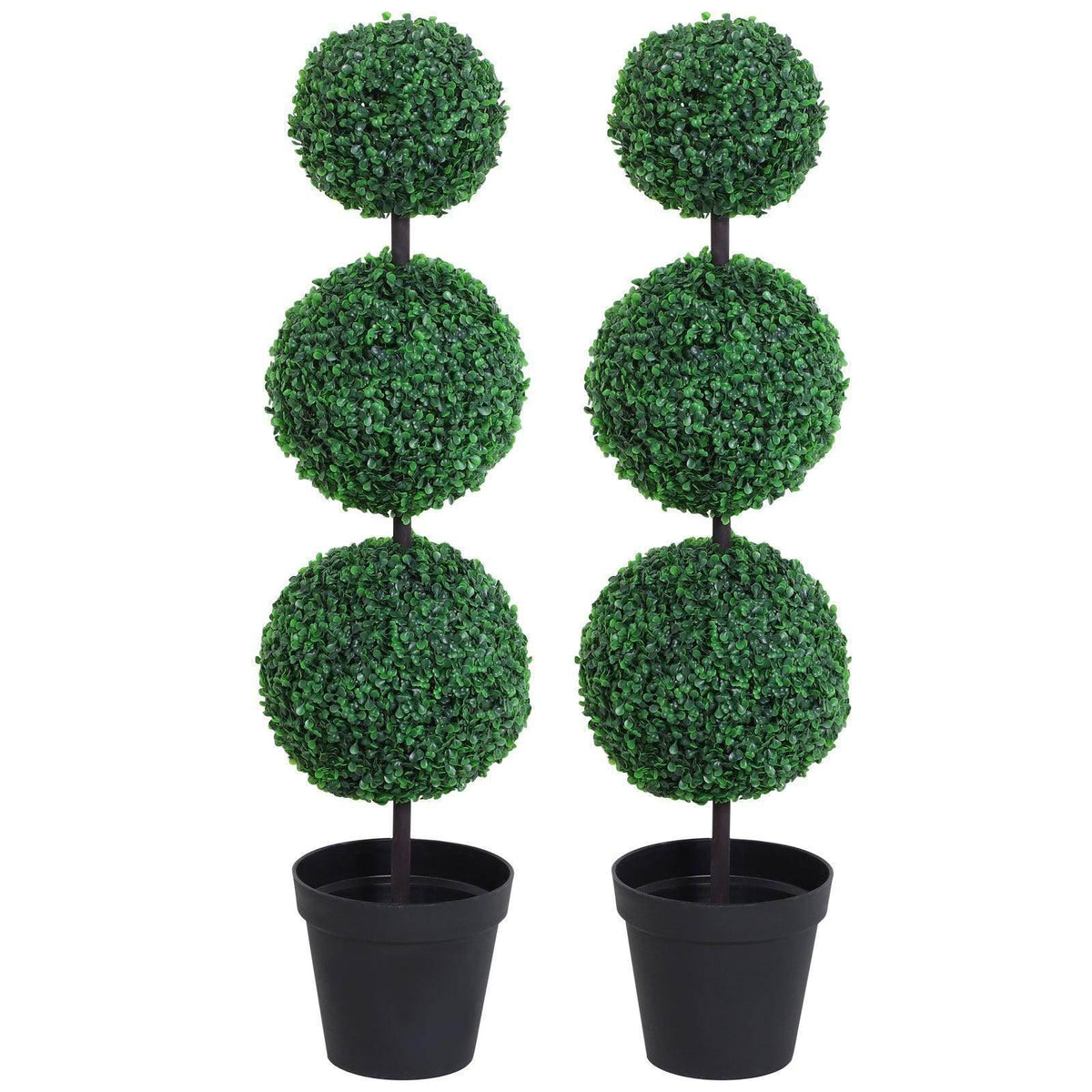 Artificial boxwood ball topiary pair with three stacked green spheres in black pots