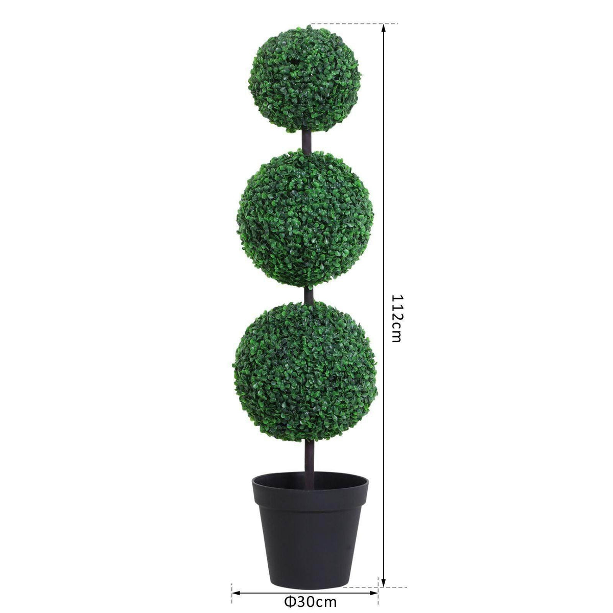 Artificial boxwood ball topiary tree with three stacked green spheres in black pot