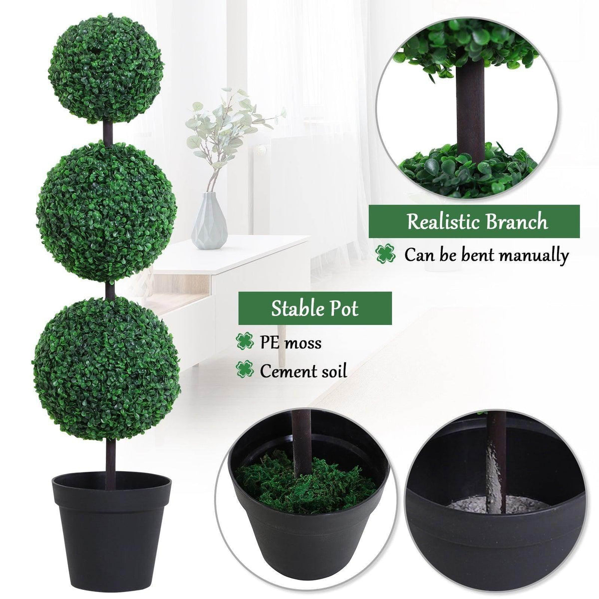 Artificial boxwood ball topiary with three stacked green spheres in black planter pot