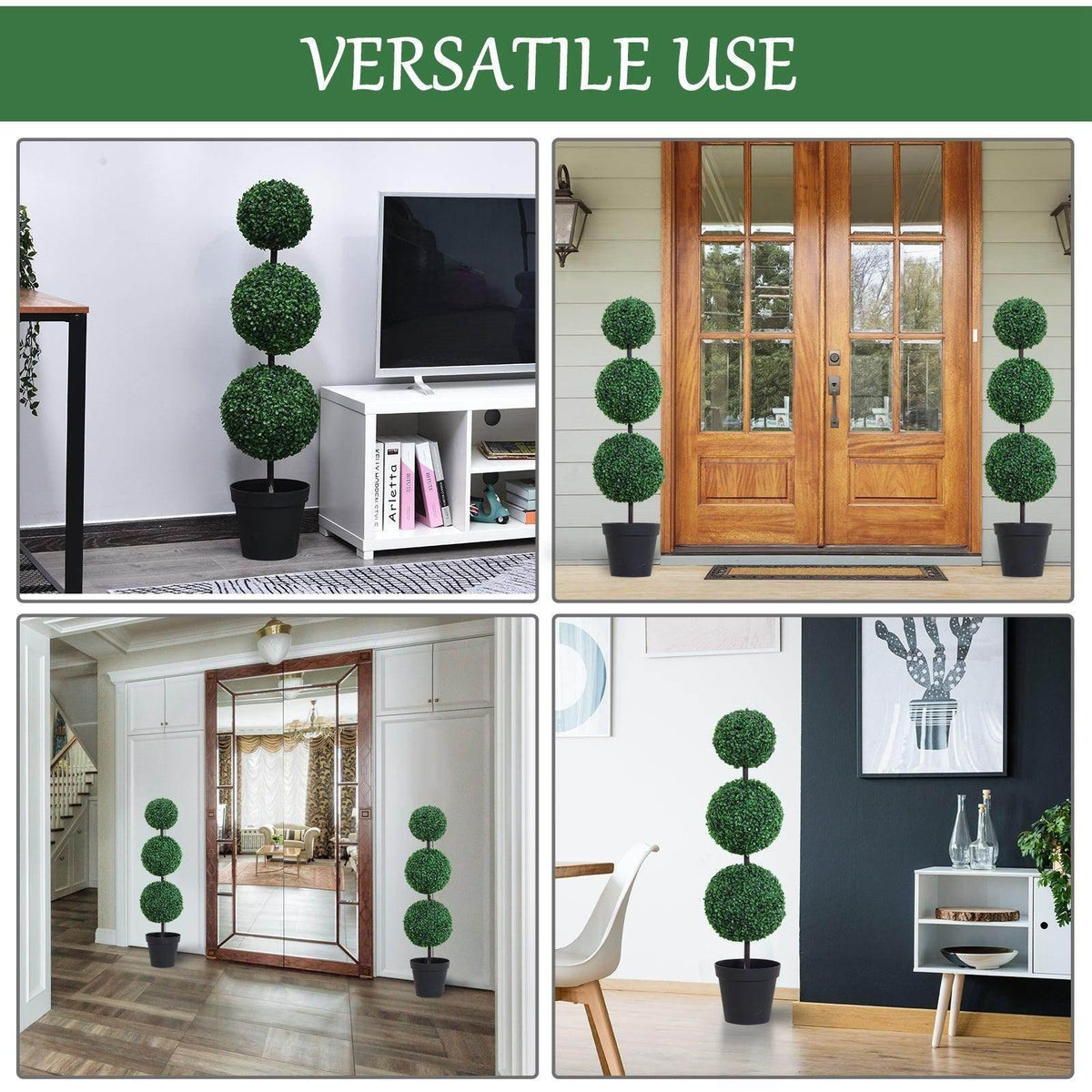 Artificial boxwood ball topiary set in black pots, three stacked green spheres