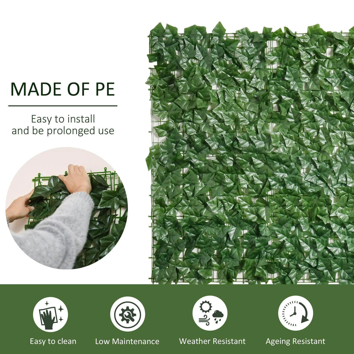 Dark green PE leaf hedge privacy fence panel with dense leaf texture detail