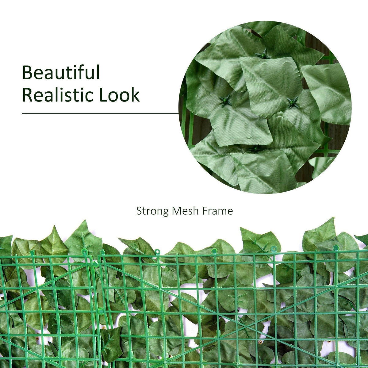 Dark green leaf hedge privacy fence panel with strong mesh frame detail