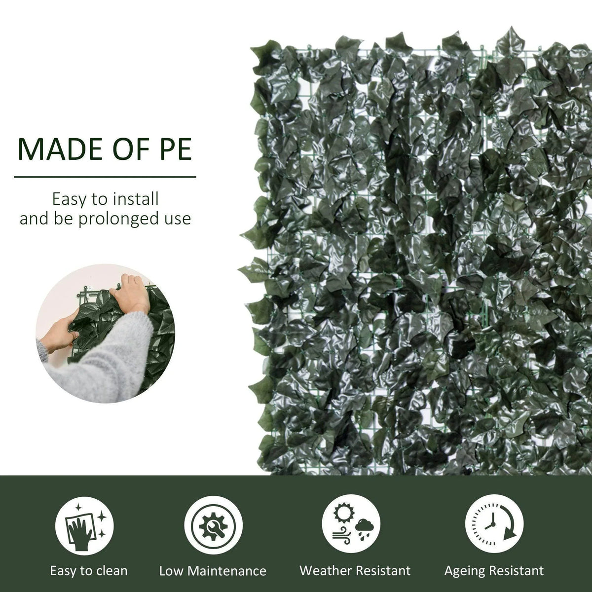 Dark green artificial leaf privacy screen panel made of PE, dense foliage