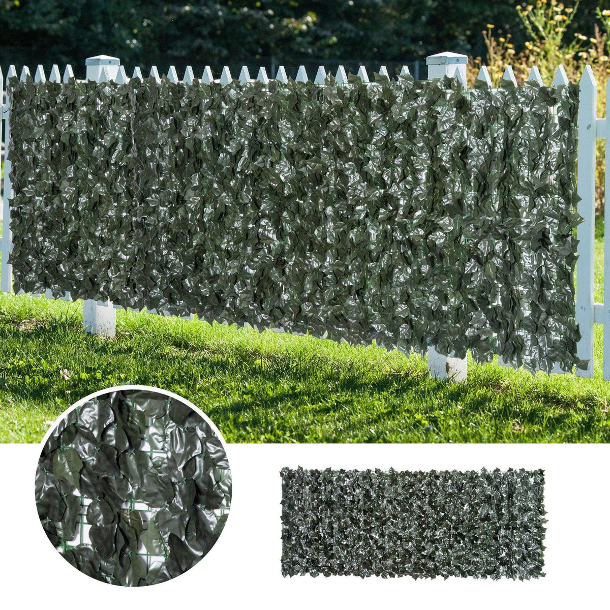 Dark green artificial leaf privacy screen mounted on fence panels, full coverage