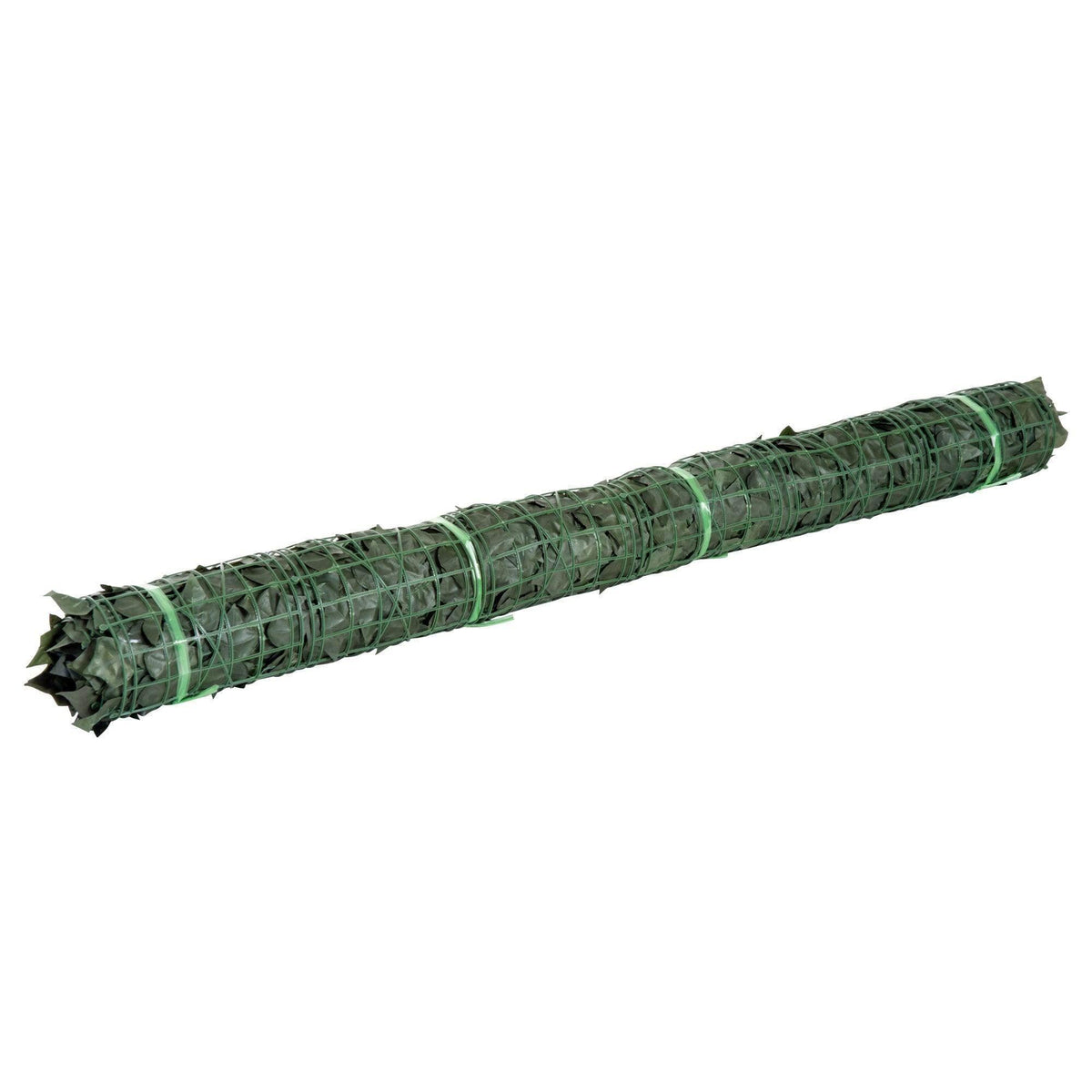 Rolled dark green artificial leaf screen panel with mesh backing