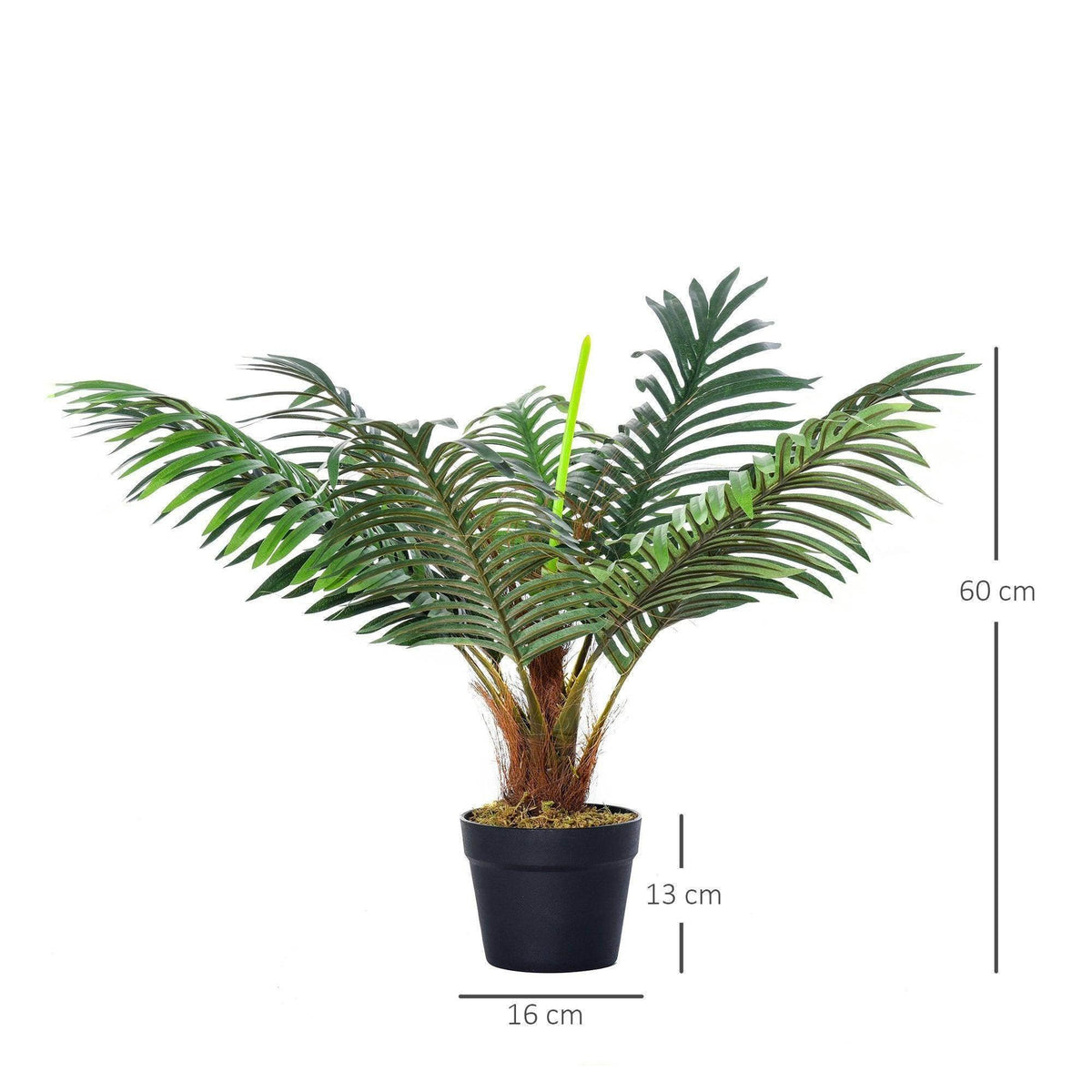 Artificial palm tree with green fronds and brown trunk in black pot