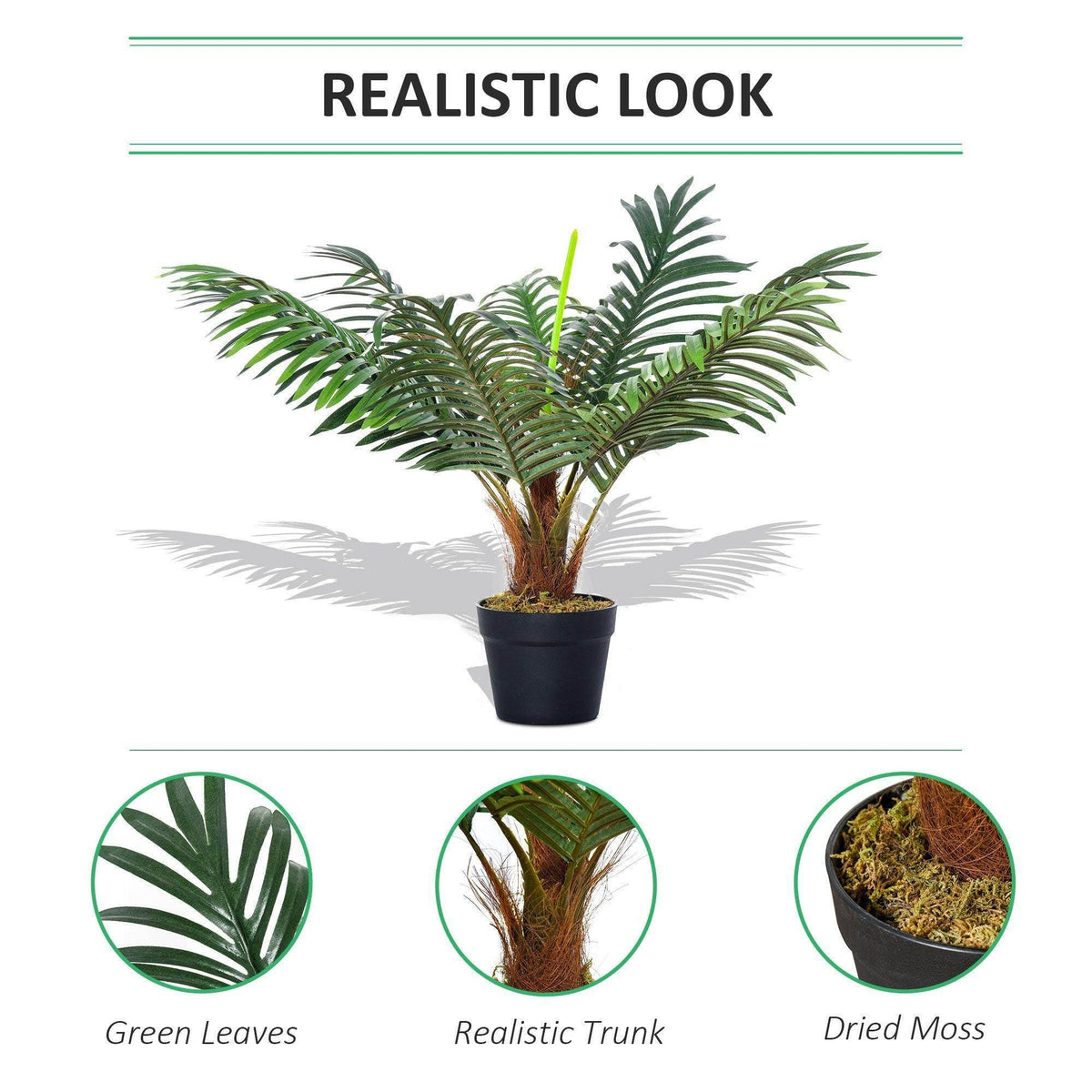 Artificial palm tree with green fronds and brown trunk in black pot, realistic look