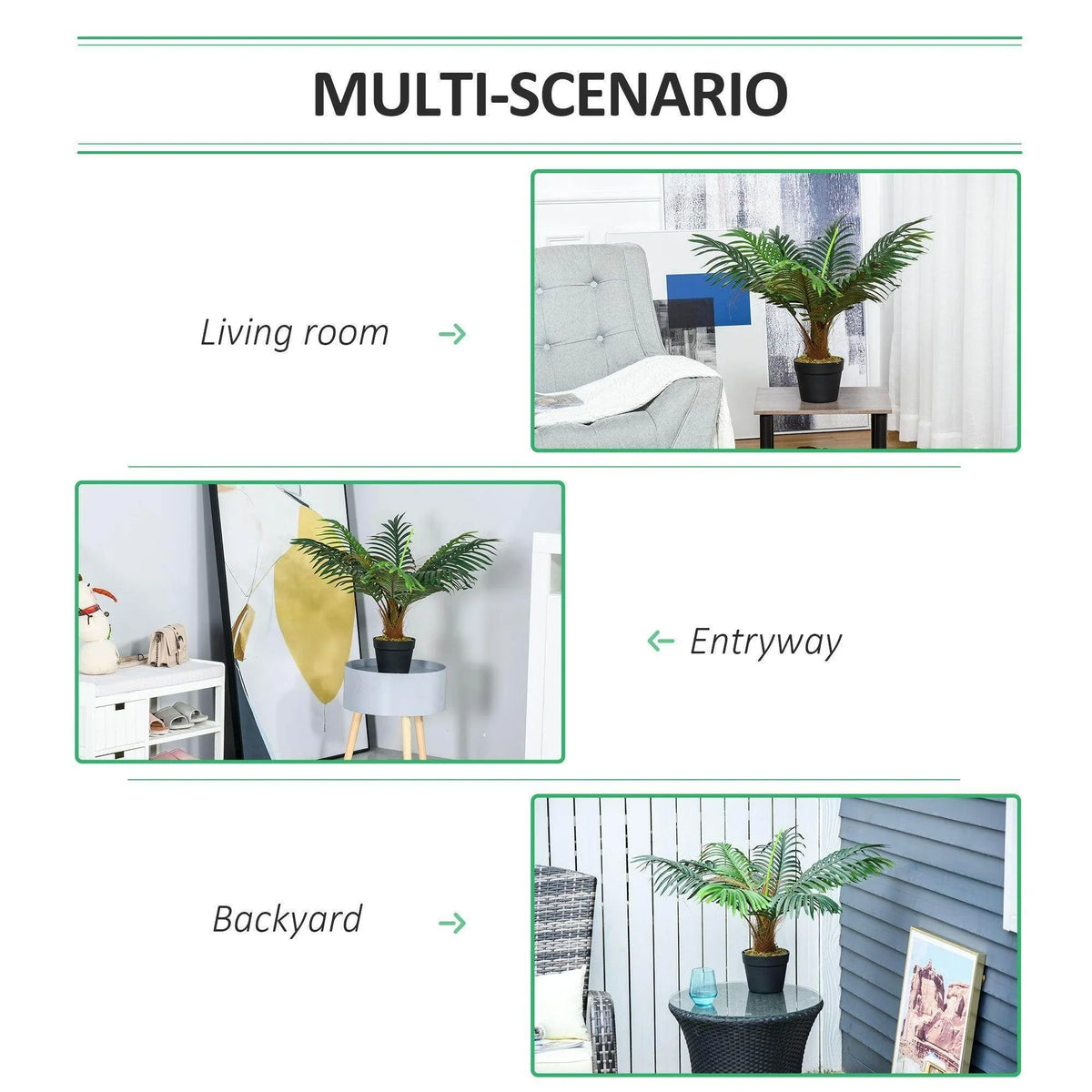 Artificial palm tree in black pot for indoor and outdoor display, green fronds