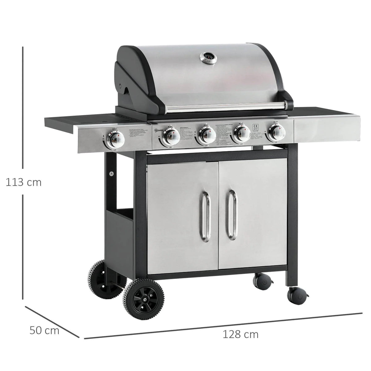 4+1 burner BBQ grill with closed lid, front control knobs, and two-door cabinet