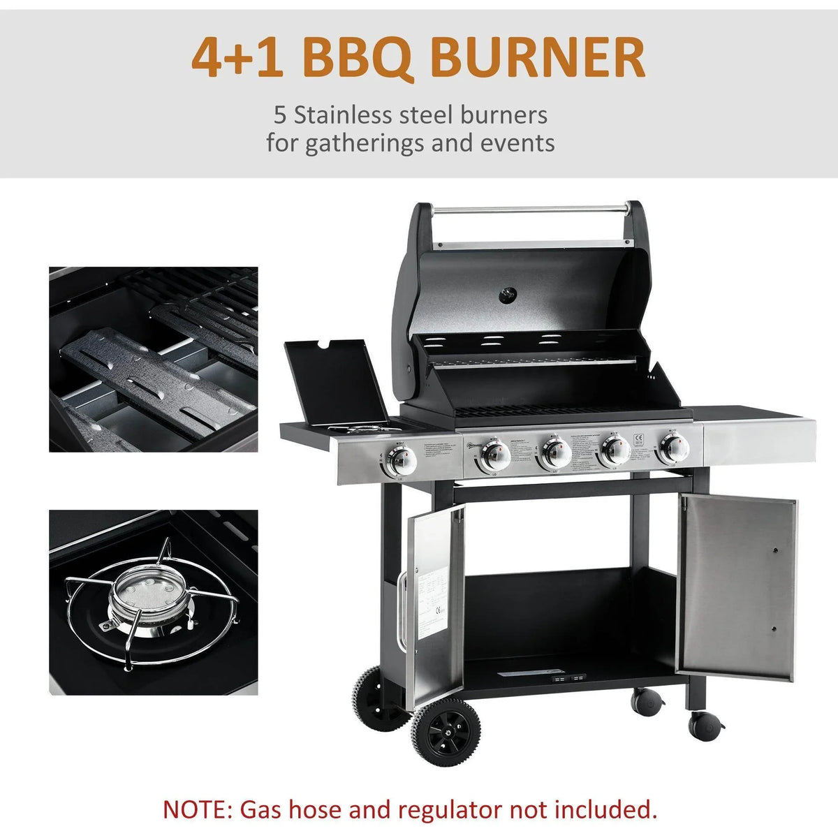 4+1 BBQ grill with open lid, four front burner knobs, and side cooking shelf