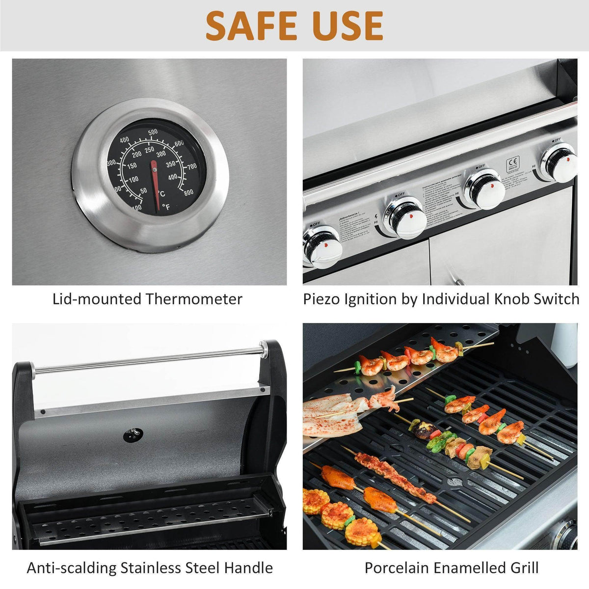 BBQ grill features: lid thermometer, individual knob ignition, stainless handle, porcelain grates