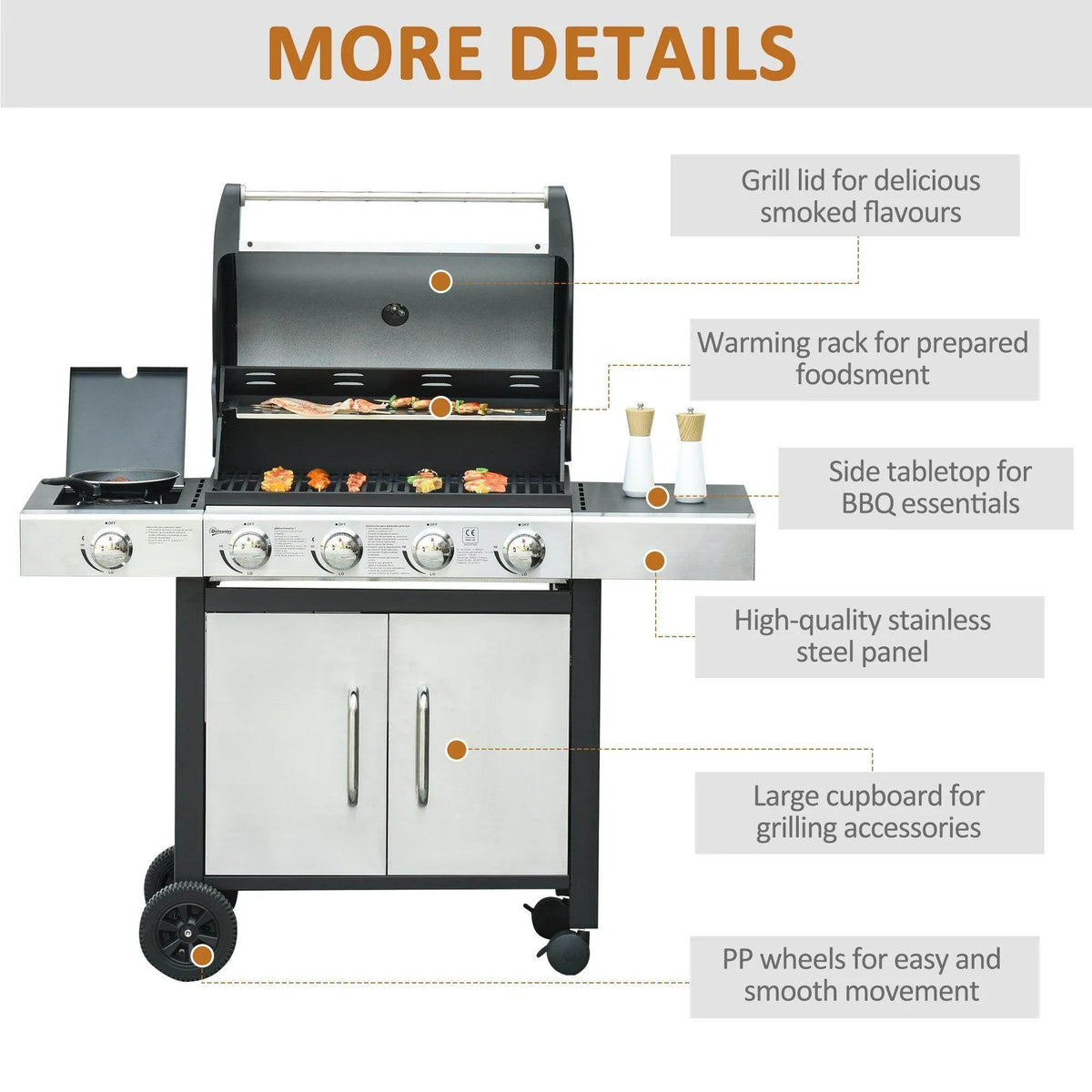 BBQ grill design with warming rack, side table, stainless panel front, and storage cabinet