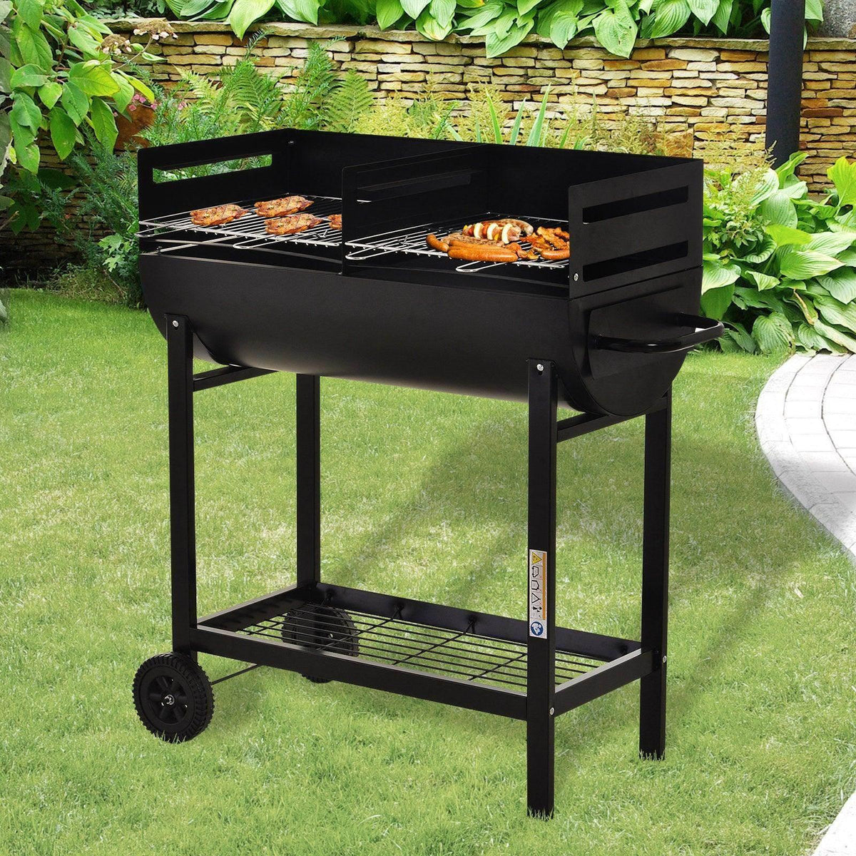 Outsunny dual BBQ grill with two cooking grates, black cart base, and front wheels.