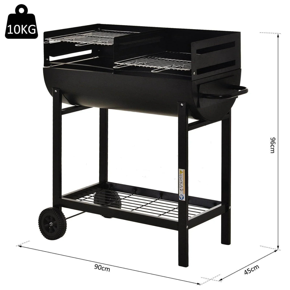 Black dual BBQ grill with two-tier grates, sturdy legs, bottom shelf, and front wheels.