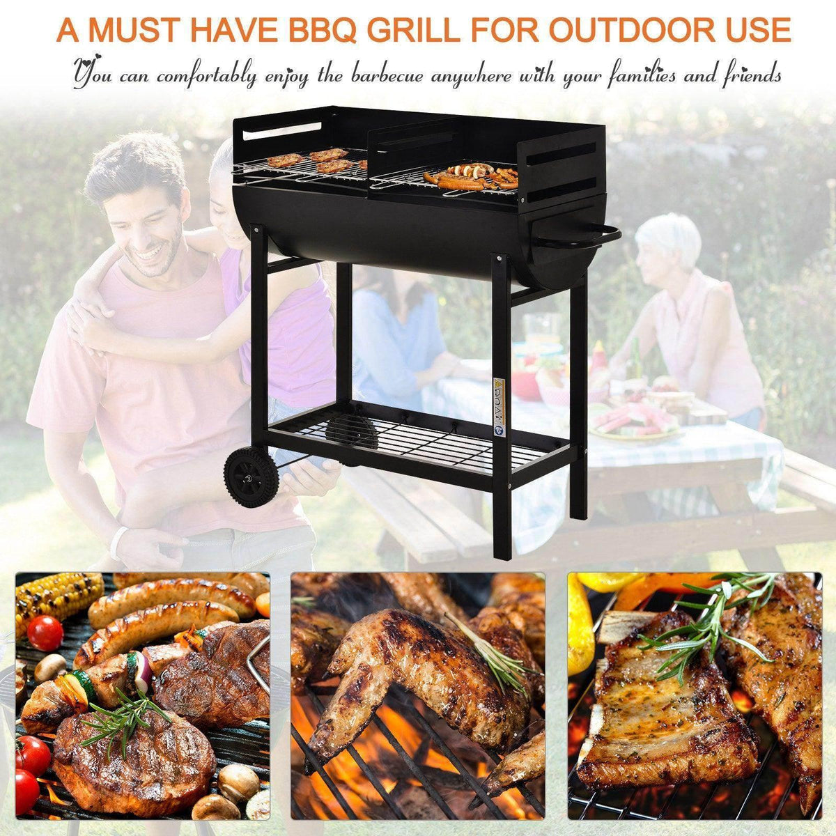 Black dual BBQ grill with food on two grates, open side panels, and wheeled base.