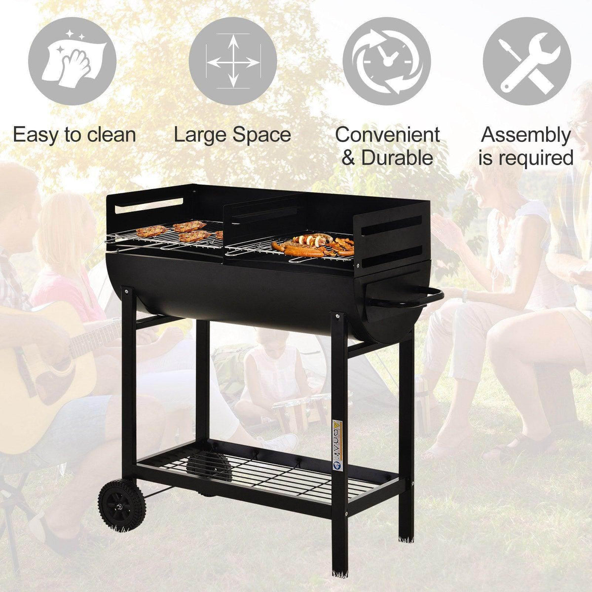 Black dual BBQ grill cart with two cooking grates and lower shelf, open front panel.