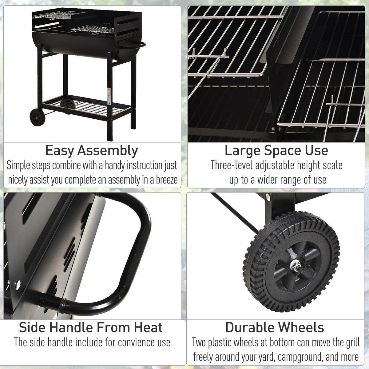 Black dual BBQ grill with heat-resistant side handle and large treaded wheels.