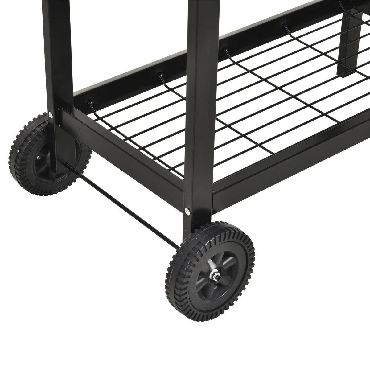 Black BBQ grill cart frame with lower wire shelf and front wheel.