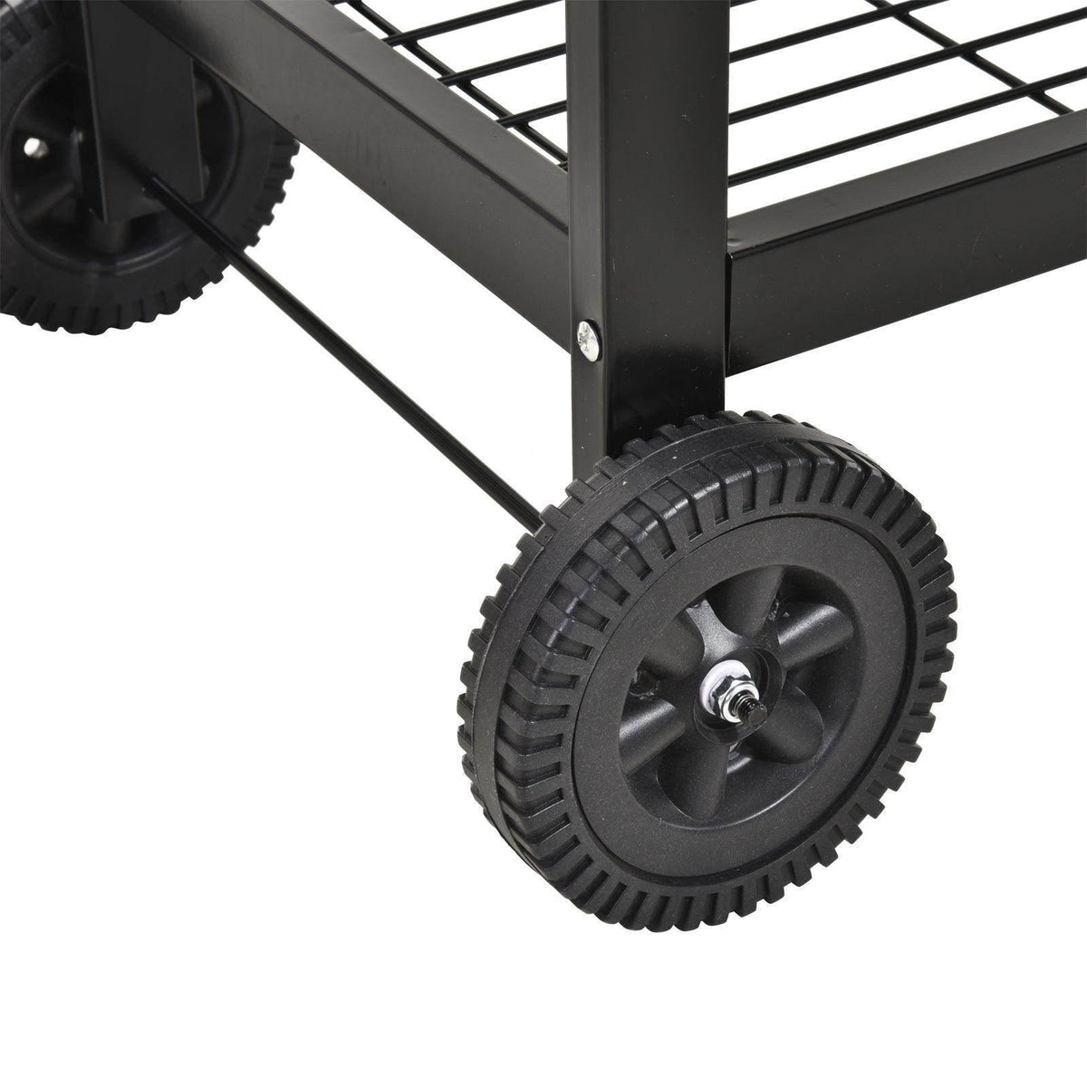 Black treaded grill cart wheel with metal axle.
