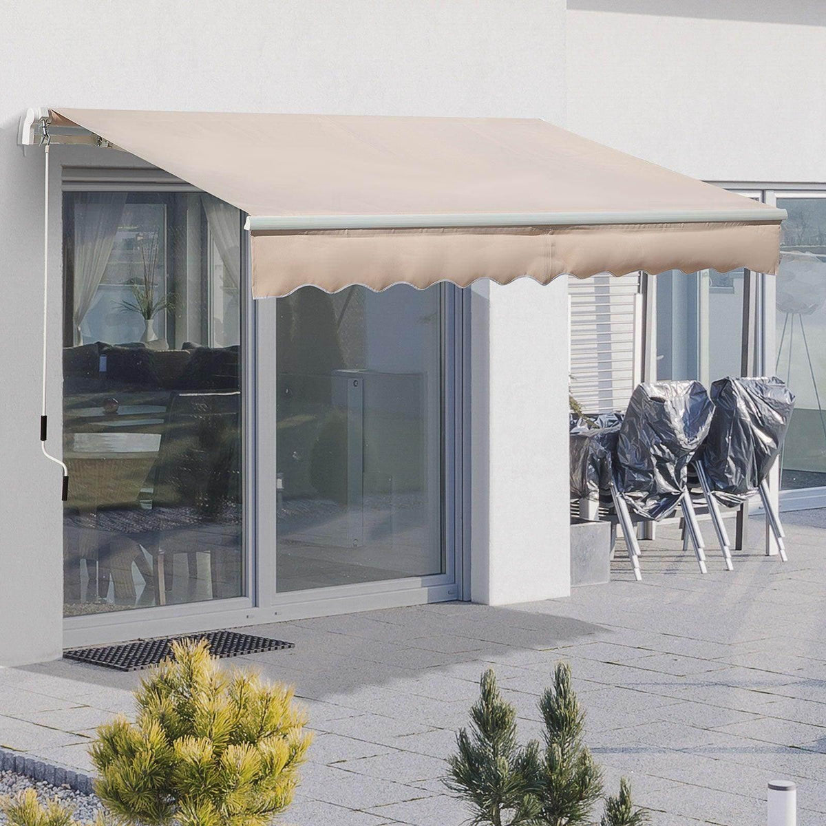 Beige retractable window awning canopy with scalloped valance and side frame