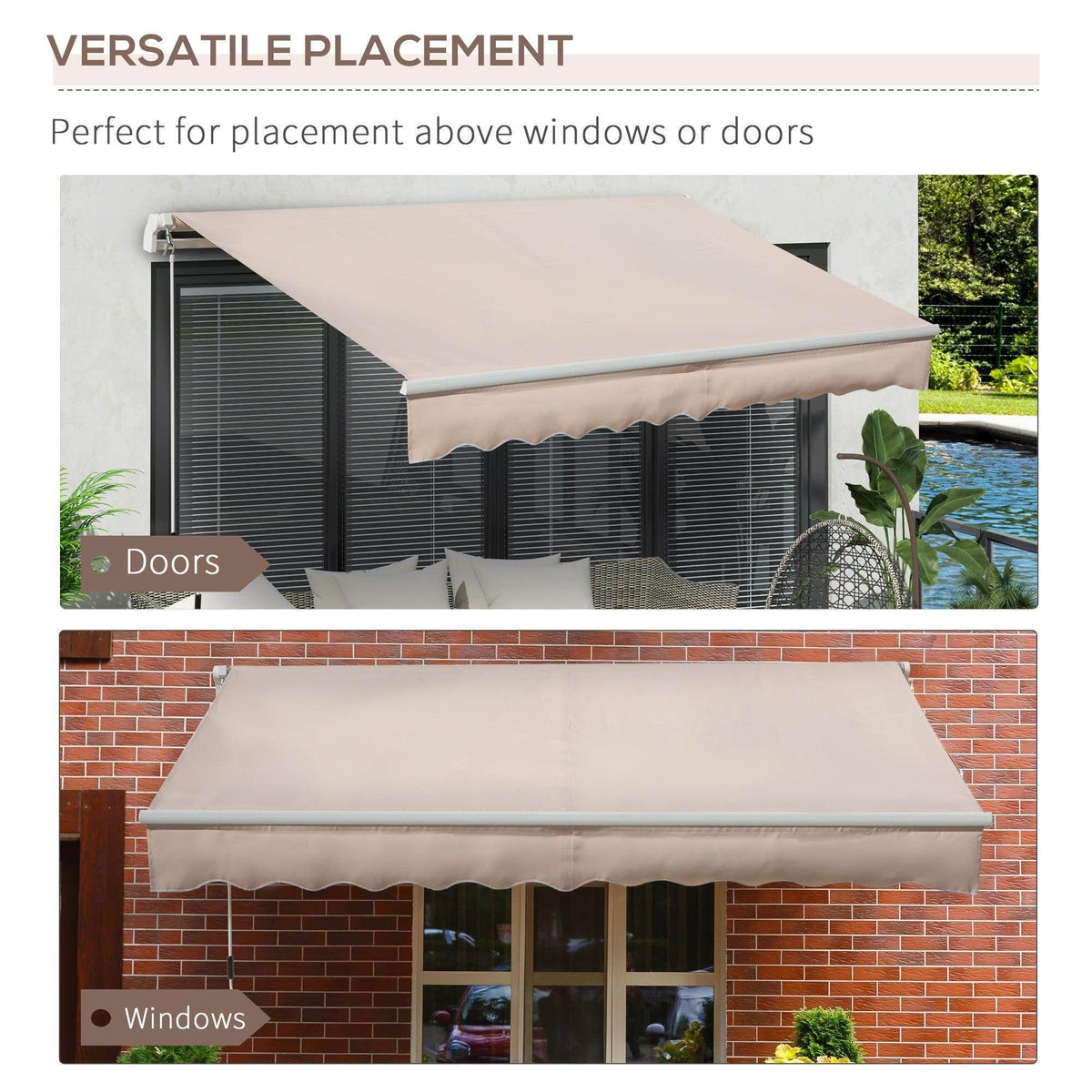 Beige awning canopy over window and door openings with scalloped valance