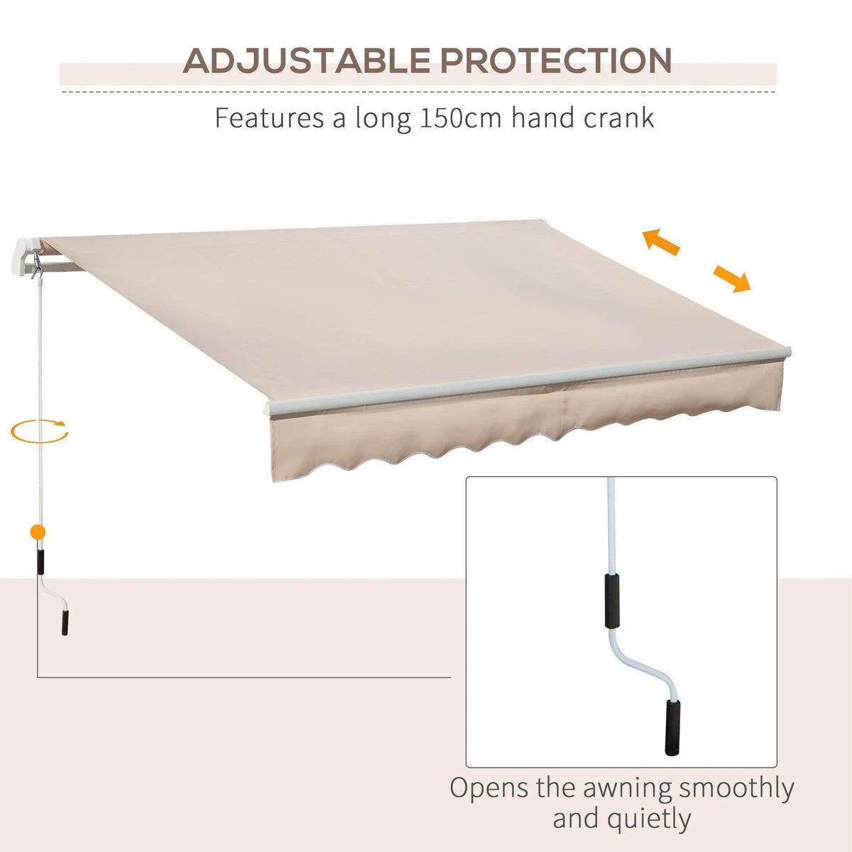 Beige window awning canopy with hand-crank mechanism and adjustable lift