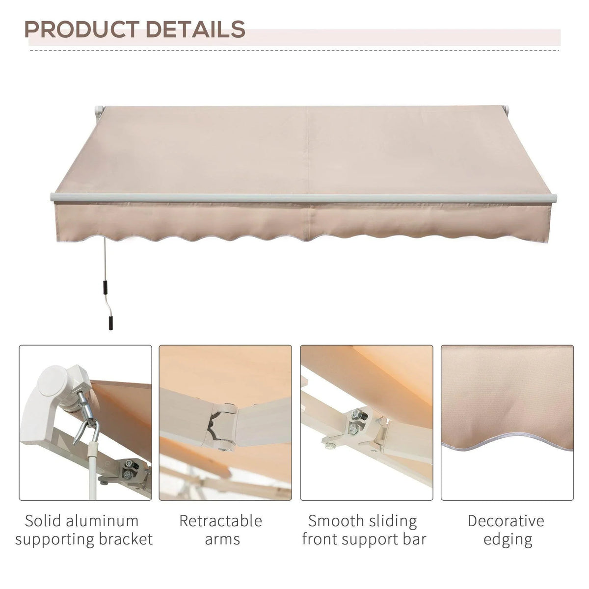 Beige window awning canopy with scalloped valance and retractable support arms