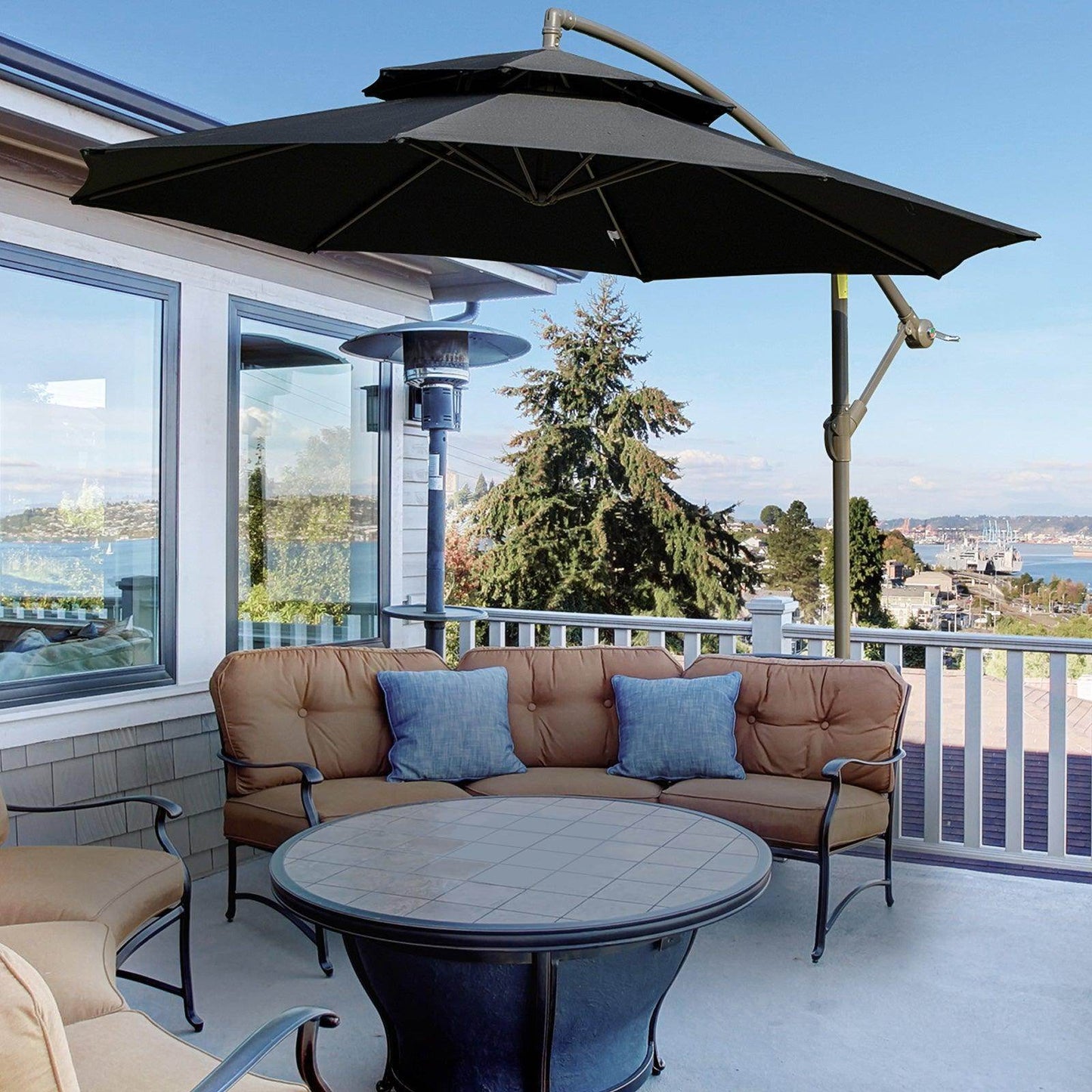Black double-tier garden umbrella with crank handle and wide vented canopy