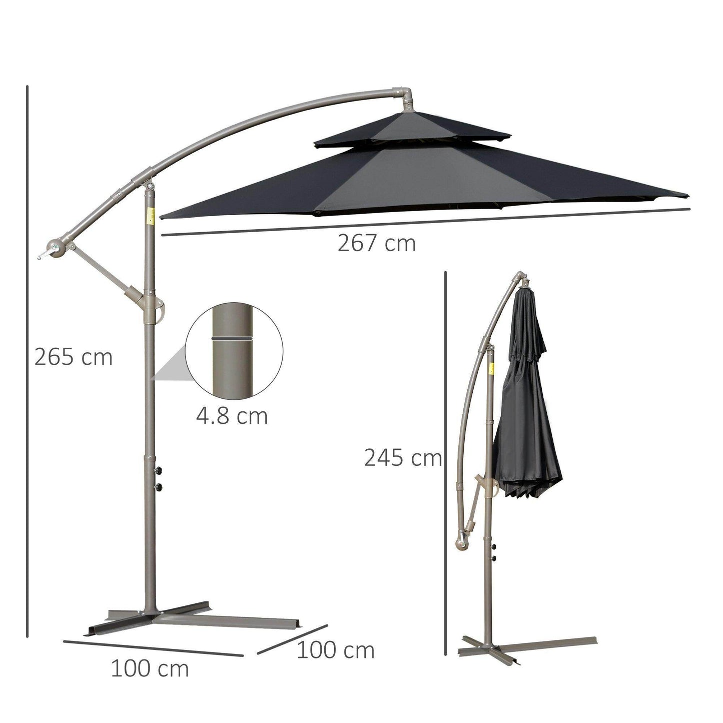 Black double-tier patio umbrella open on tall stand with crank handle