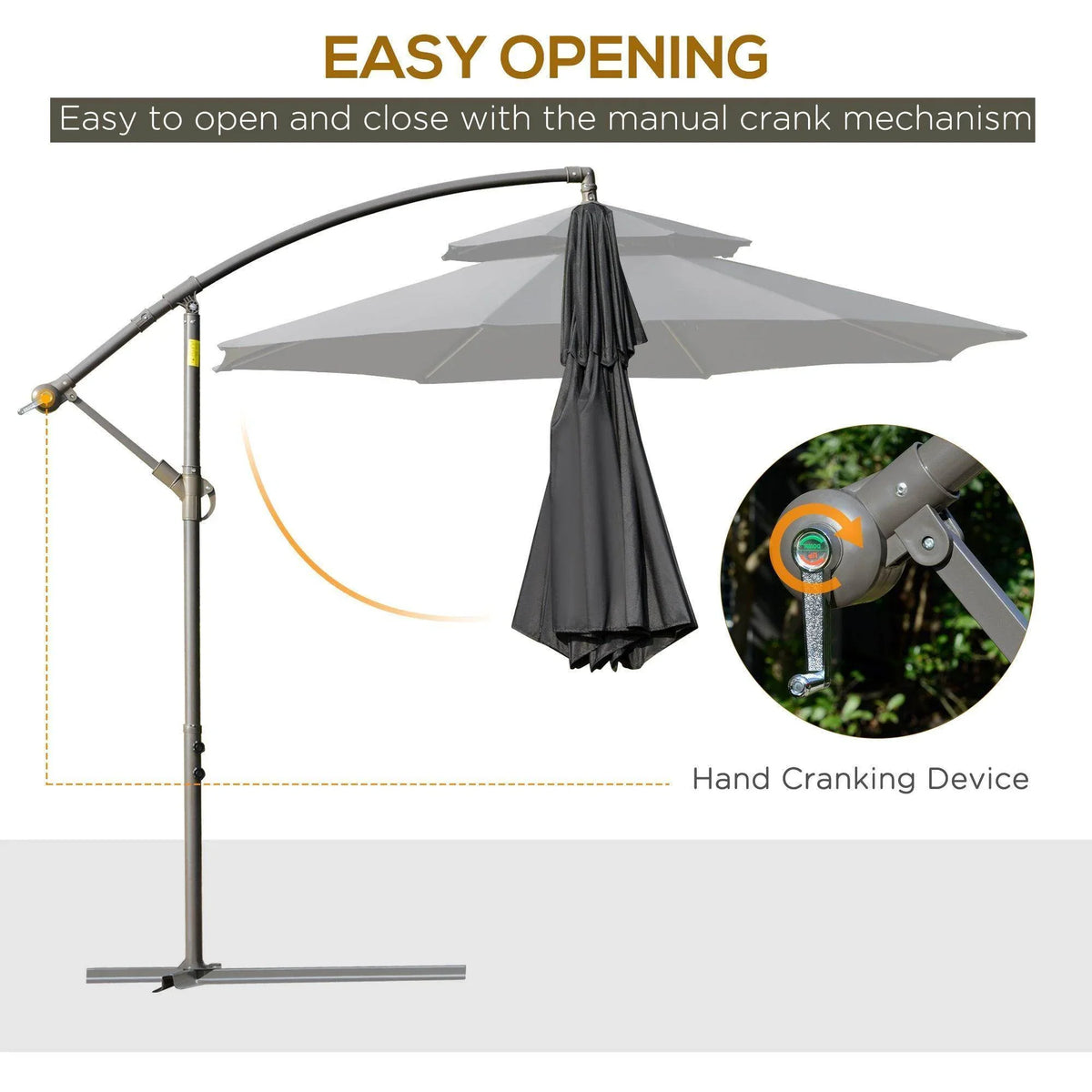 Manual crank garden umbrella with double-tier canopy and hanging shade