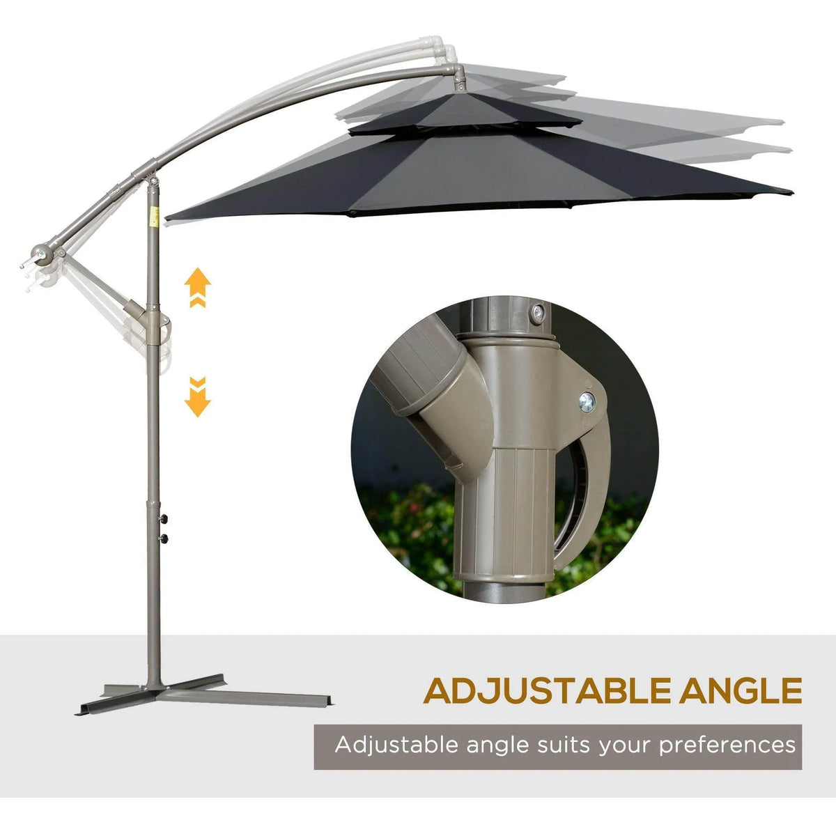 Adjustable-angle black double-tier umbrella with crank pole and rotating joint