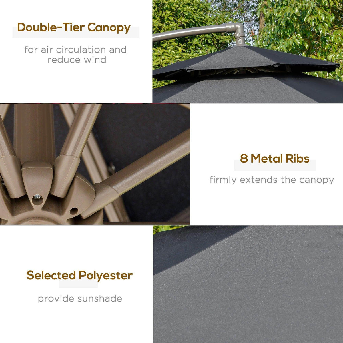 Black double-tier canopy umbrella showing polyester fabric and metal ribs