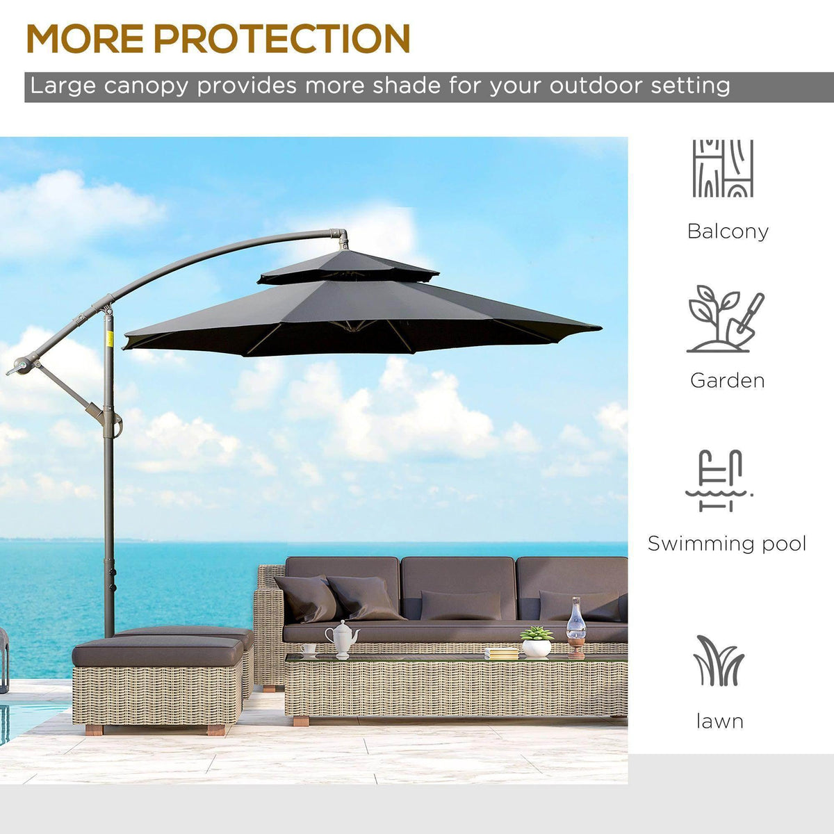 Black double-tier patio umbrella on tall stand for large outdoor shade
