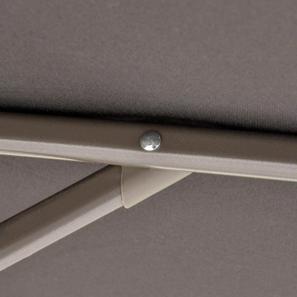 Umbrella canopy bracket and seam with metal connection hardware