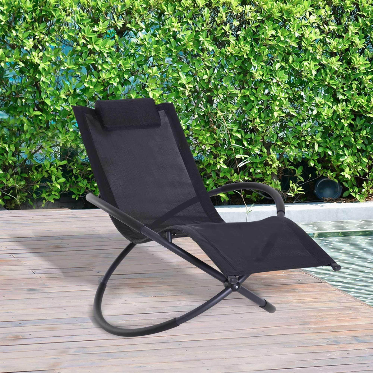 Black zero-gravity rocking lounge chair with padded headrest and foldable frame