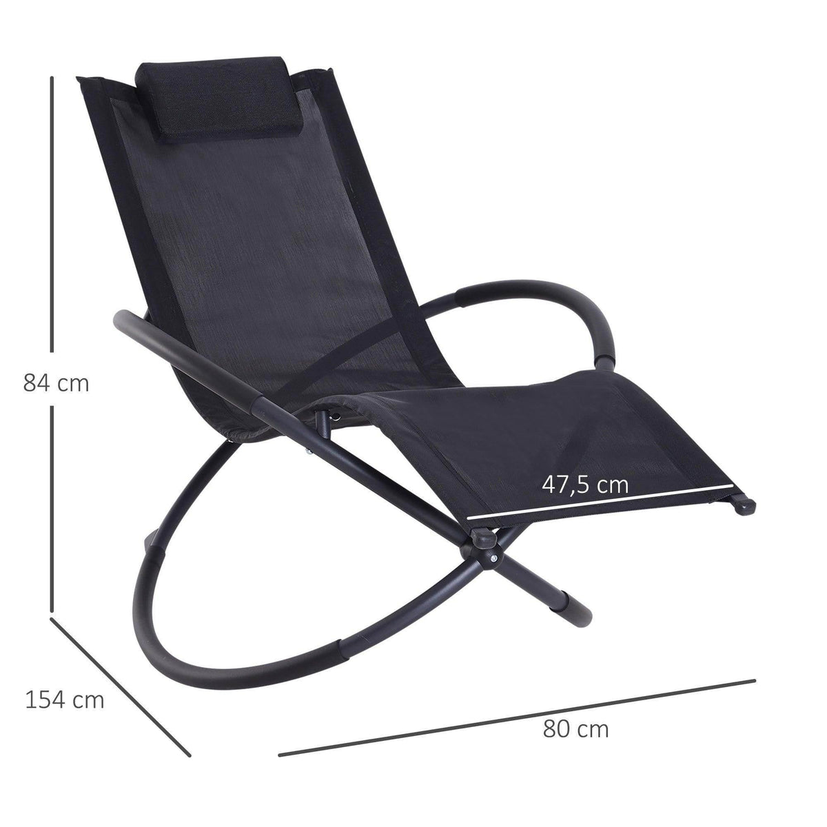 Black rocking lounge chair with dark sling fabric seat and curved rocker base