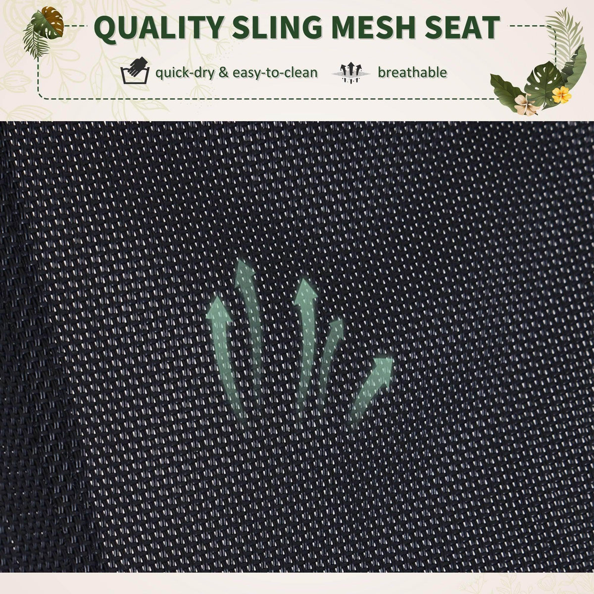 Black sling mesh seat with breathable woven texture on a zero-gravity lounge chair