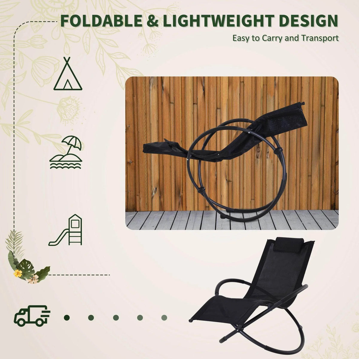 Foldable black zero-gravity rocking chair with sling seat and arched rocker frame