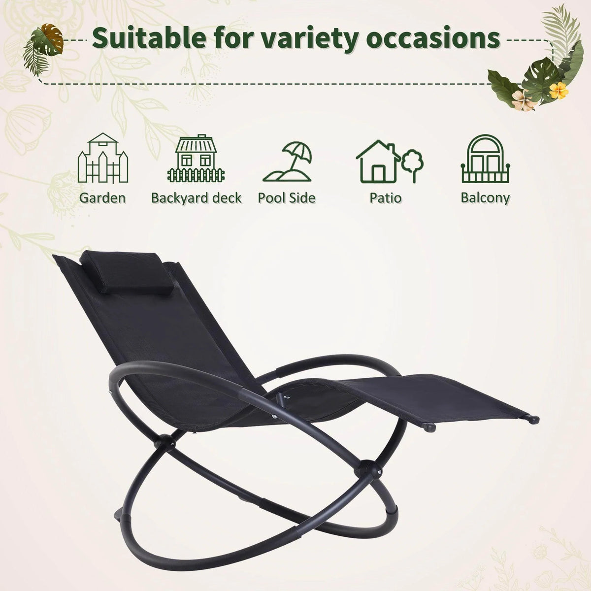 Black zero-gravity rocking lounge chair with adjustable reclining back and padded headrest