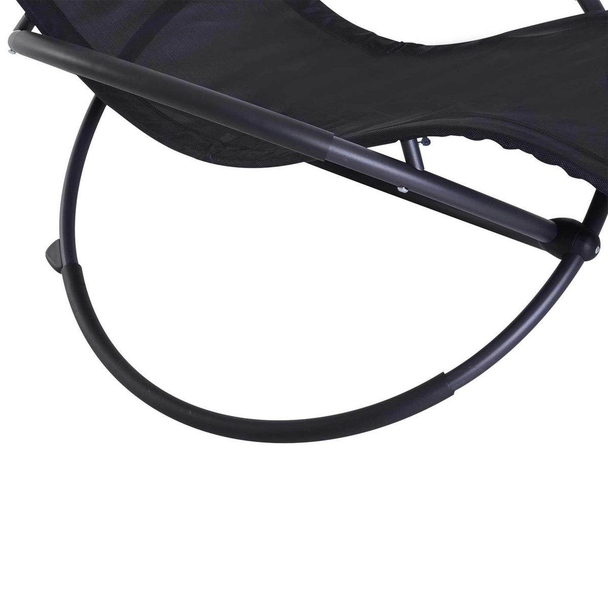 Black metal rocker frame and slingshot-style seat fabric on a zero-gravity lounge chair