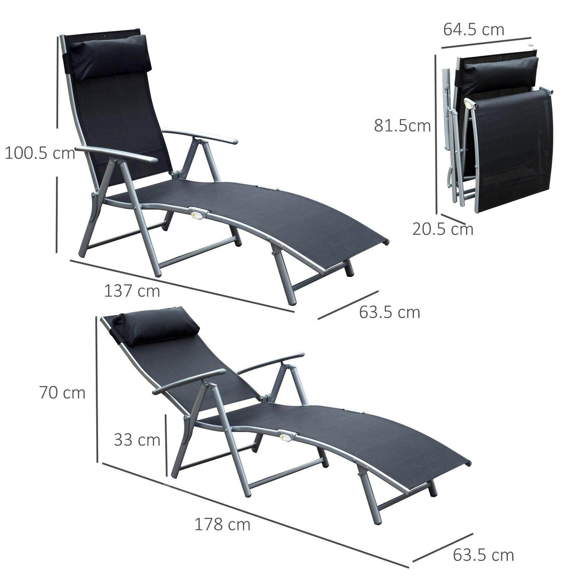 Black adjustable sun lounger with padded back and footrest, size diagram shown