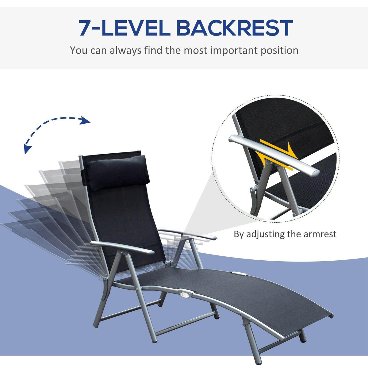 Black 7-level backrest sun lounger chair with adjustable armrest and padded seat