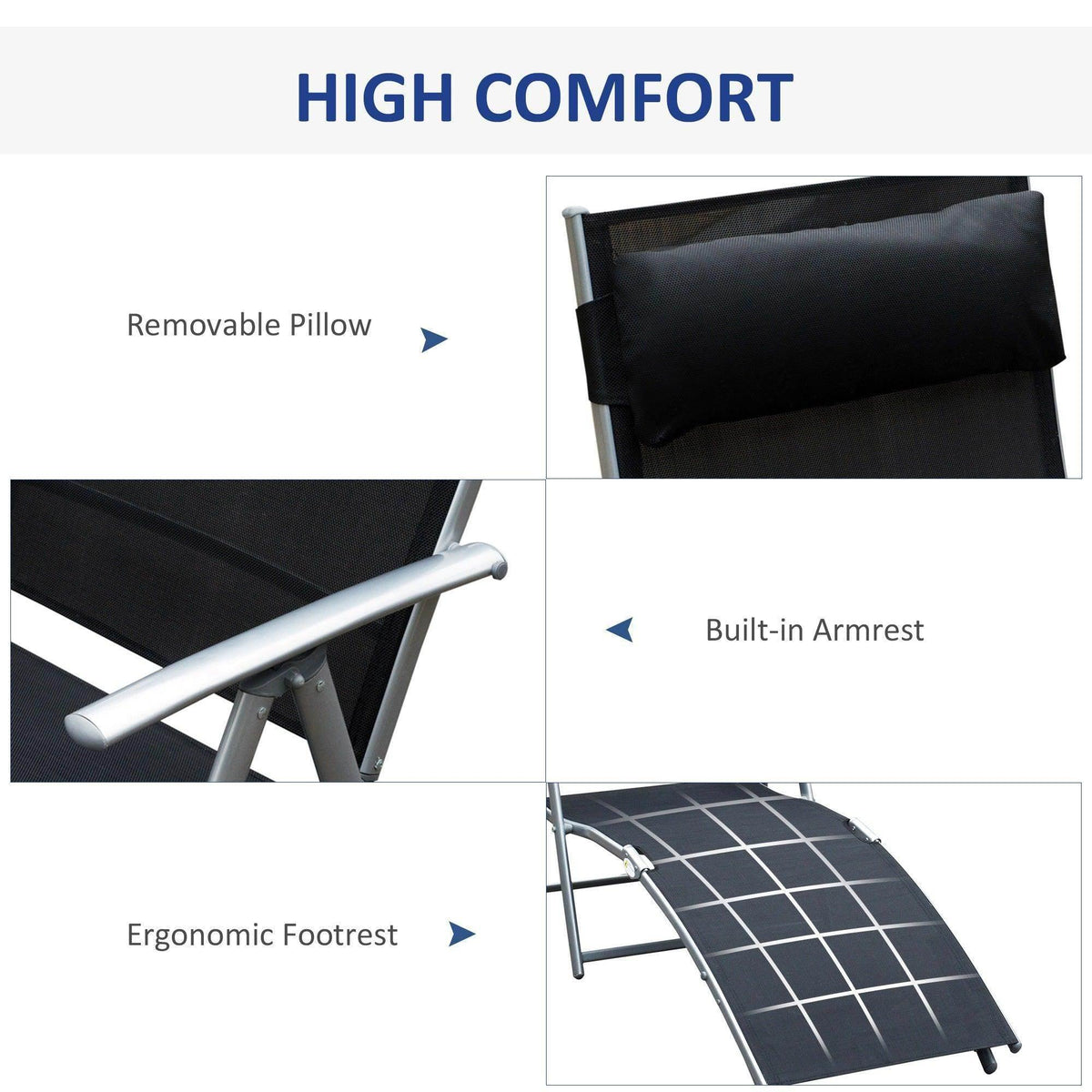 Black sun lounger chair with removable pillow, built-in armrests, and footrest