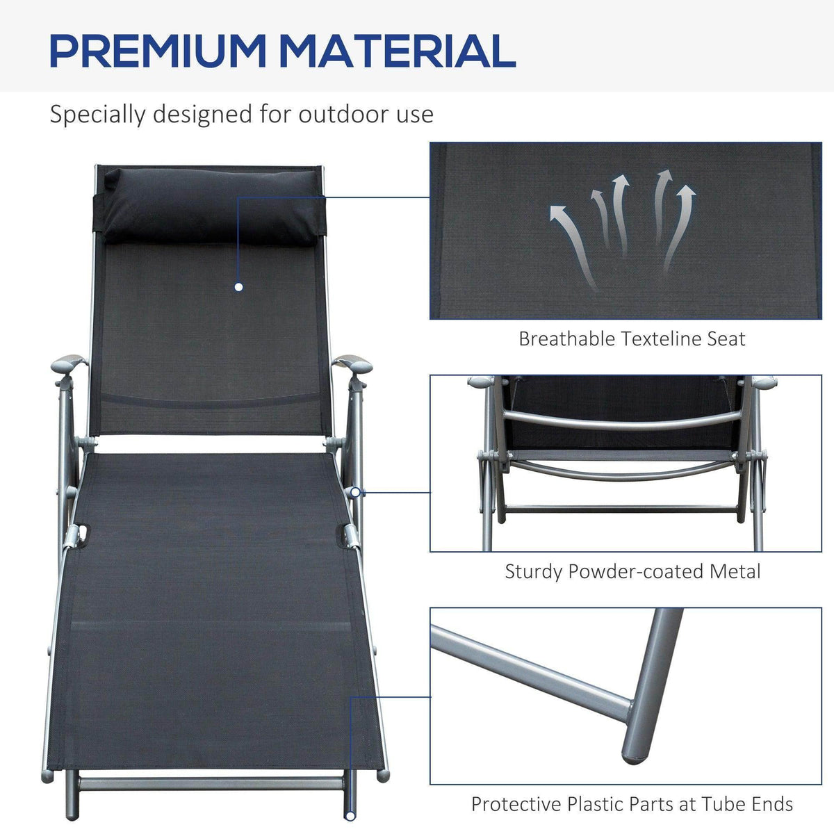 Black textilene seat sun lounger with powder-coated metal frame and protective plastic ends
